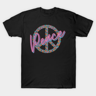 Peace Sign Word Art Flowers Pink Teal Hippie Retro Vintage T-Shirt